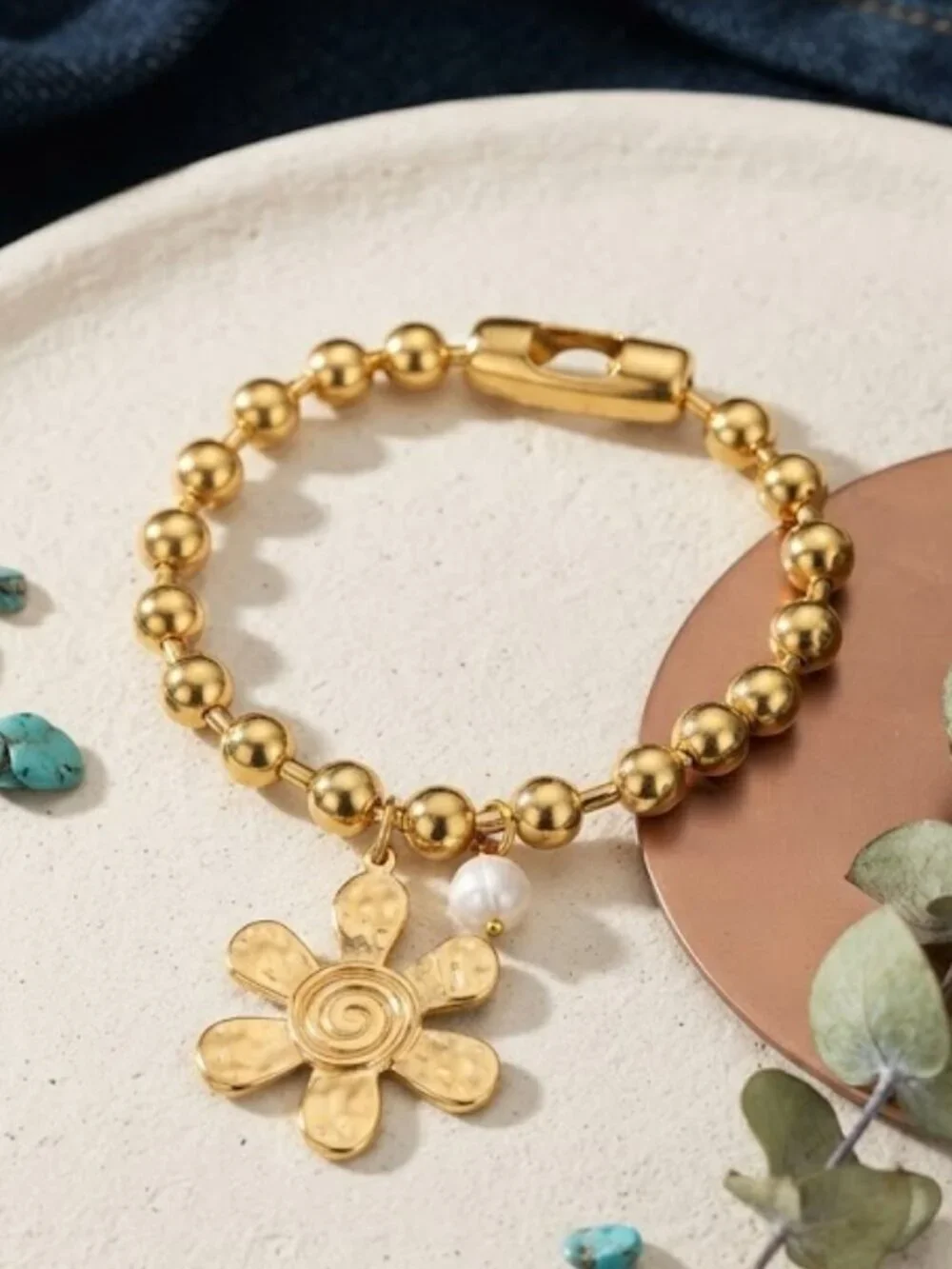 Gold Bead Bracelet Hammered Flower Charm Pearl Chunky Stretch 24K Plated Steel